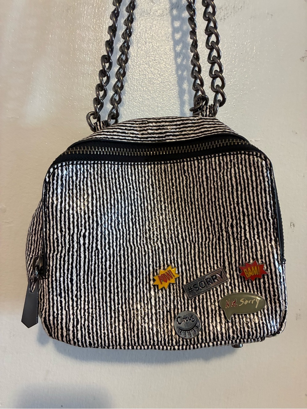 Sam Edelman Black and White Woven Crossbody Bag with Chain Strap